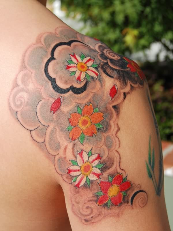 Cherry Blossom Tattoo On Right Shoulder