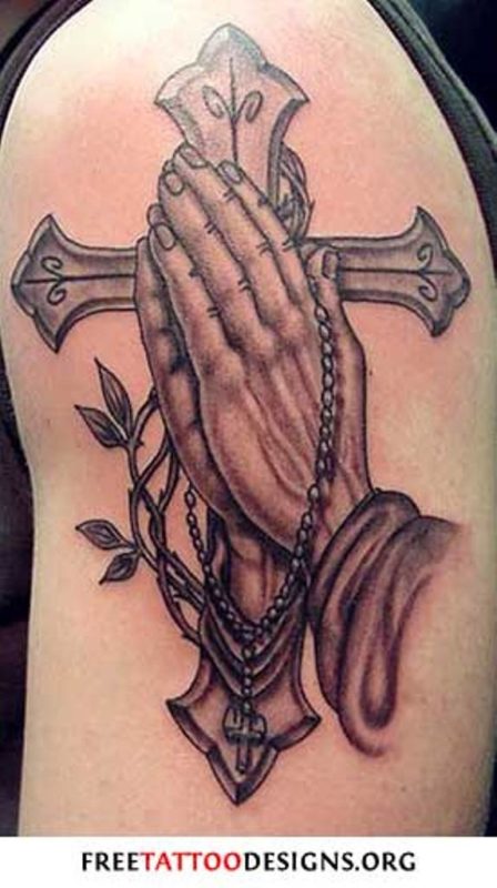 Christian Cross With Praying Tattoo