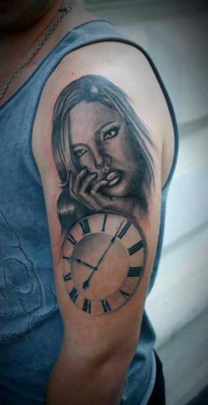 Clock And Lady Shoulder Tattoo