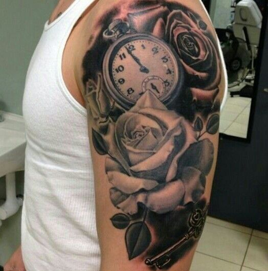Clock And Rose Tattoo Design