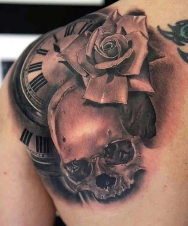 Clock And Rose Tattoo