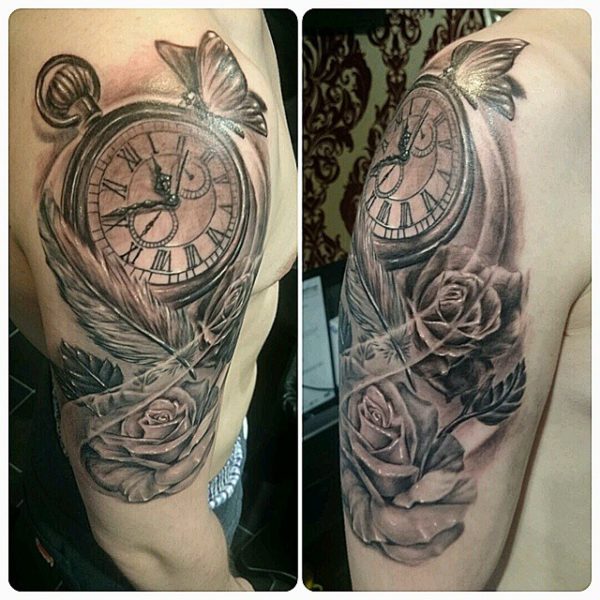 Clock And Roses Tattoo Design