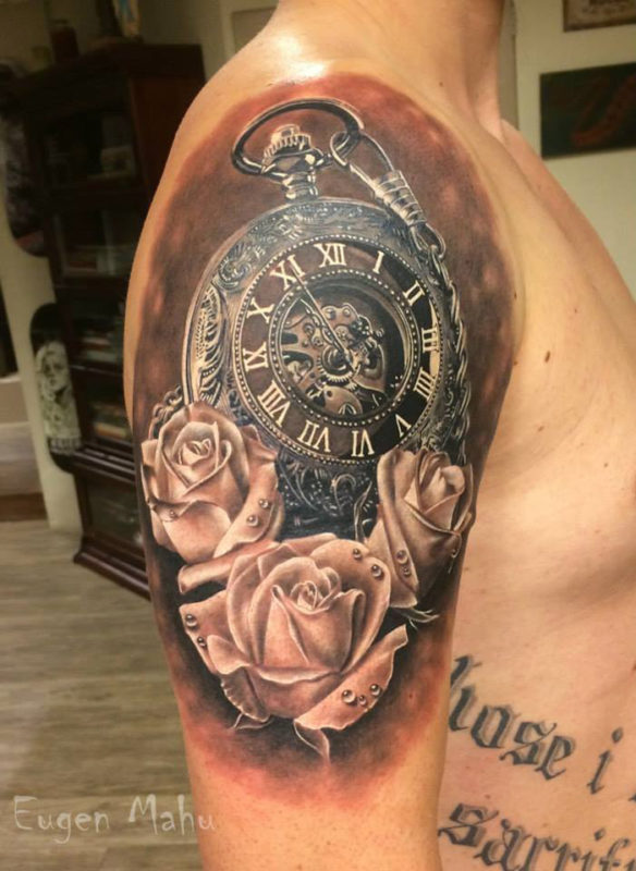 Clock And Roses Tattoo