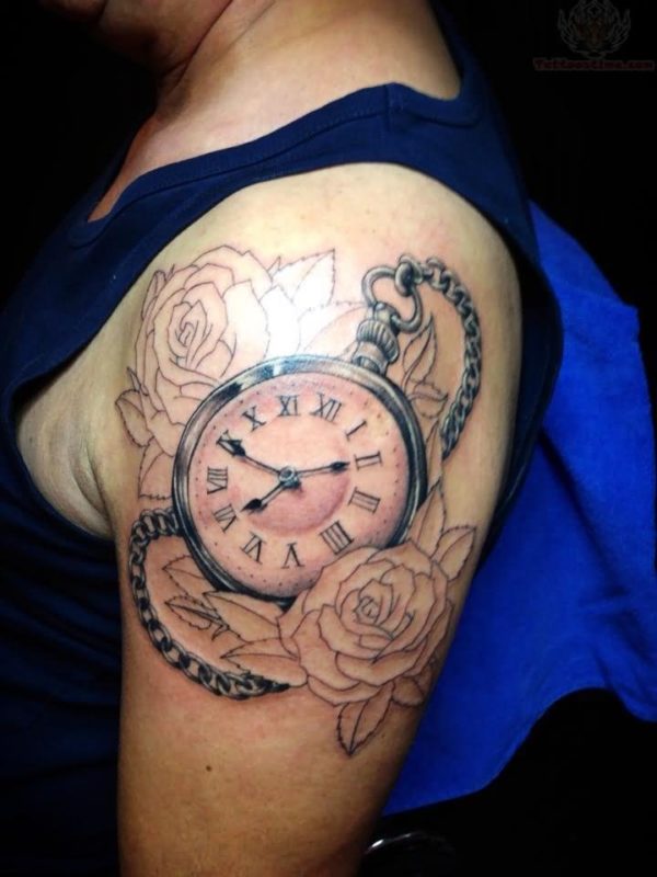 Clock And Roses Tattoo