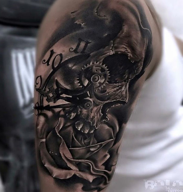 Clock And Skull Shoulder Tattoo