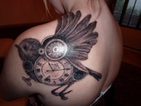 Clock Bird Shoulder Tattoo Design