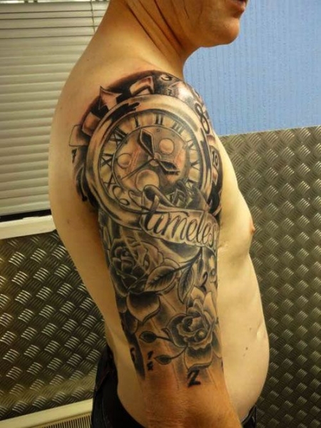 Clock Shoulder Half Sleeves Tattoo Design