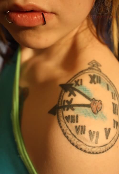 Clock Tattoo On Left Shoulder