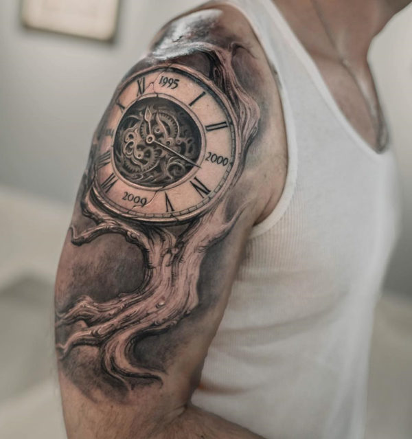 Clock Tree Shoulder Tattoo