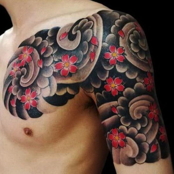 Cloud With Cherry Blossom Flowers Tattoo