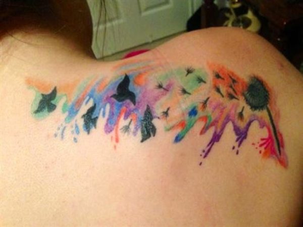 Colored Birds Tattoo On Shoulder Back