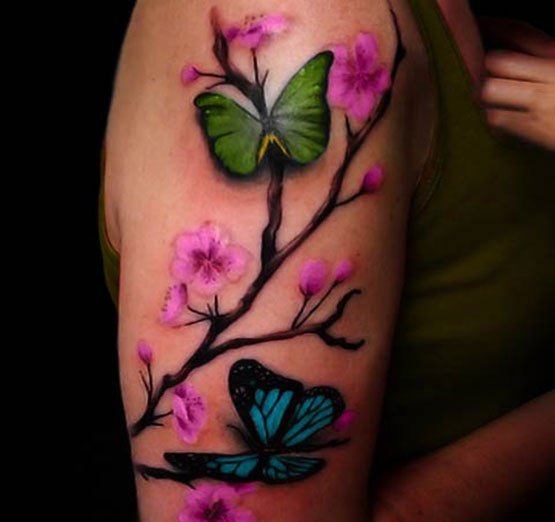 Colored Cherry Blossom Flower Tattoo On Shoulder