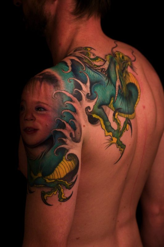  Colored Dragon Half Sleeves Shoulder Tattoo 