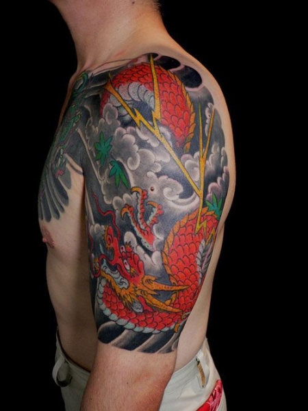 Colored Dragon Shoulder Half Sleeves Tattoo