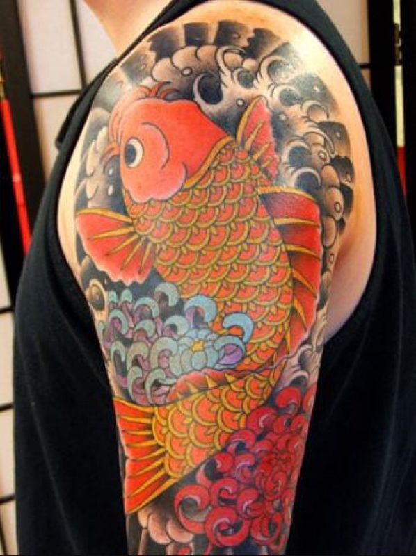 Colored Fish Half Sleeves Shoulder Tattoo
