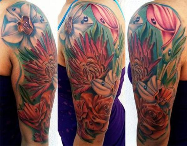 Colored Flower Shoulder Half Sleeves Tattoo