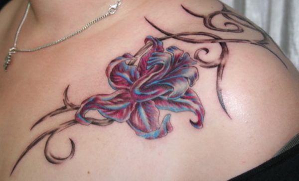 Colored Flower Shoulder Tattoo For Women