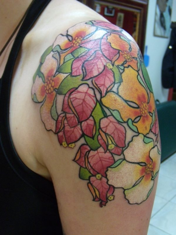 Colored Flowers Tattoo On Shoulder
