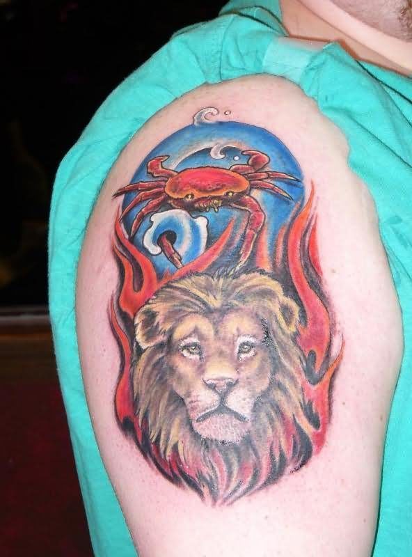 Colored Leo Shoulder Tattoo