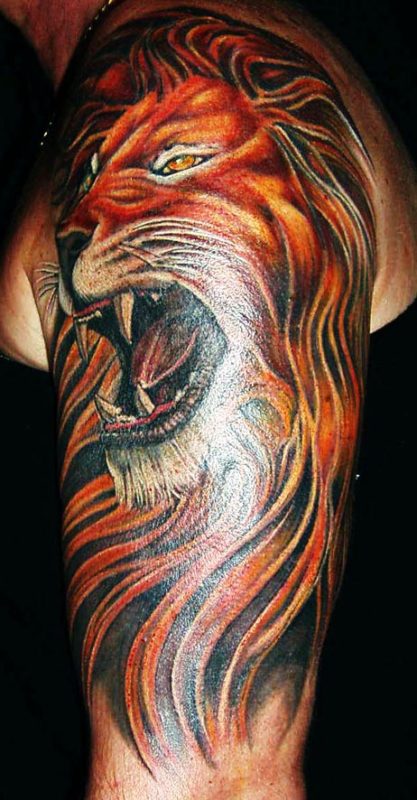 Colored Lion Face Shoulder Half Sleeves Tattoo