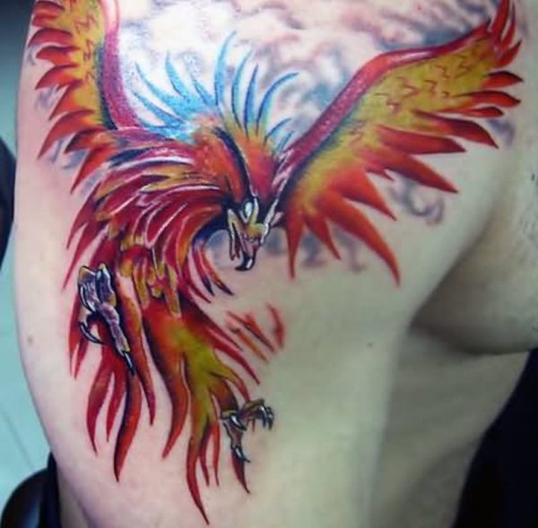 Colored Phoenix Tattoo On Shoulder