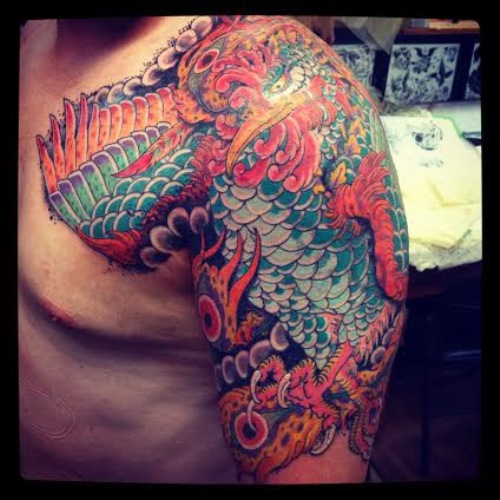 Colored Shoulder Half Sleeves Tattoo Design