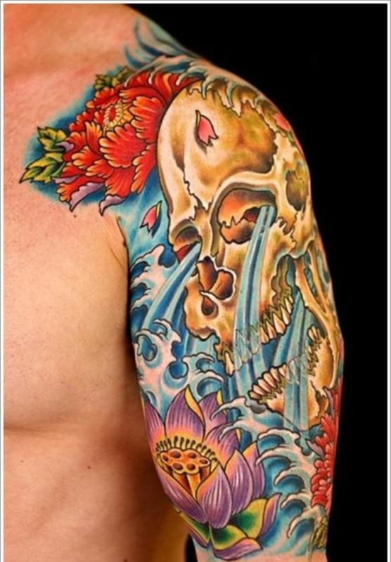 Colored Skull Tattoo On Shoulder