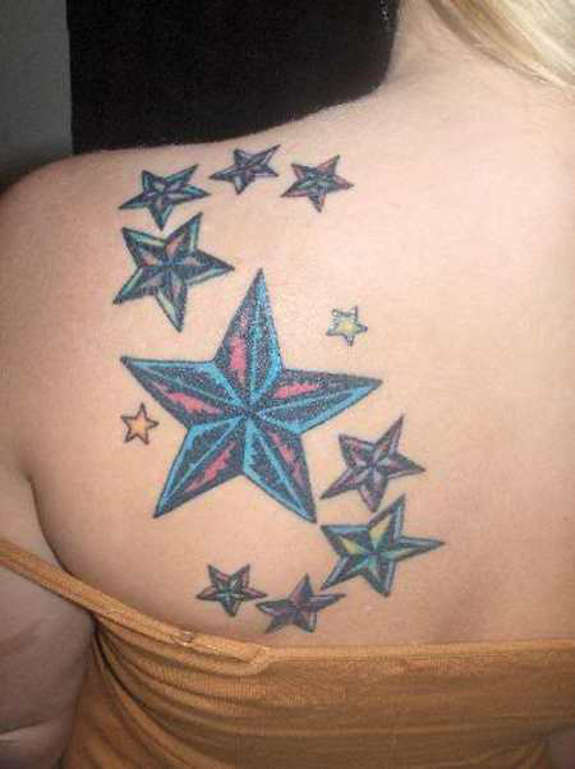 Colored Star Shoulder Blade Tattoo
