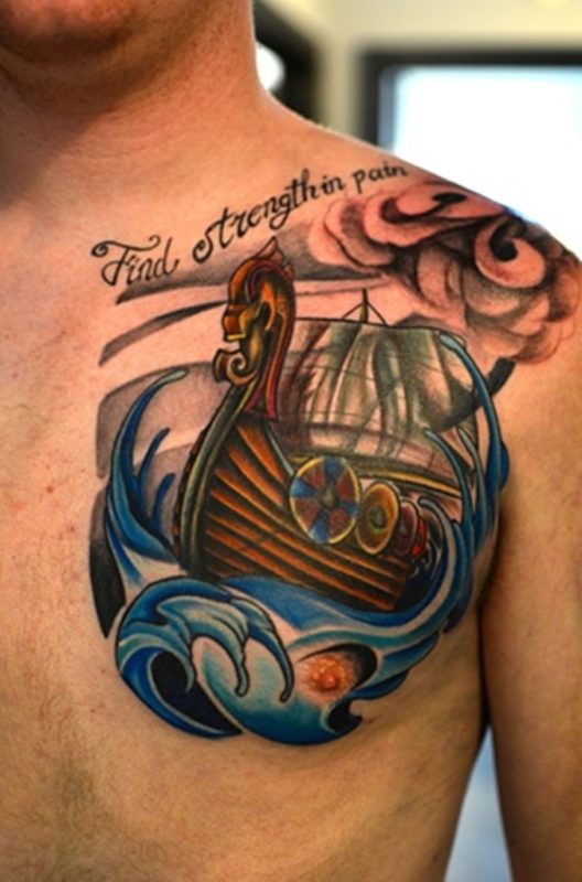 Colored Viking Ship Tattoo Design