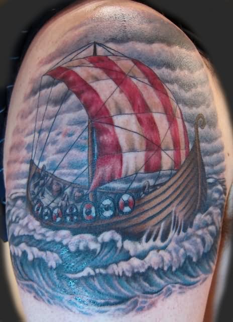 Colored Viking Ship Tattoo On Shoulder