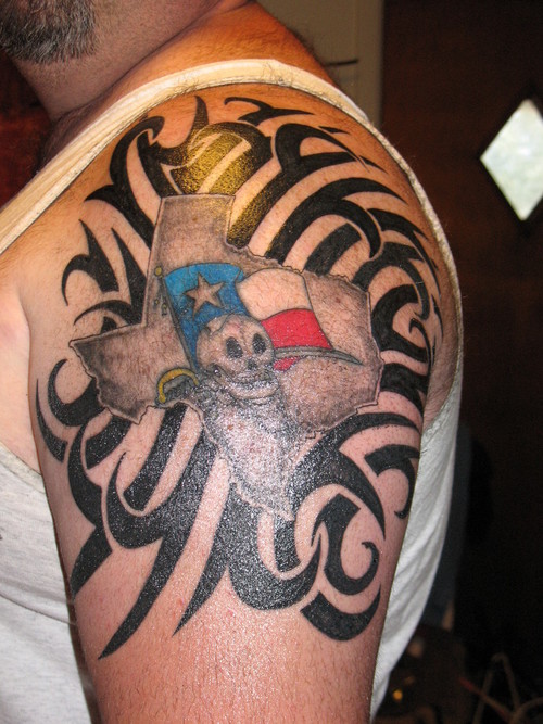 Colored Viking Skull Tattoo On Right Shoulder