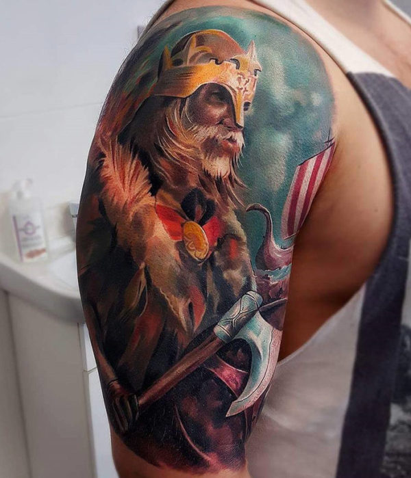 Colored Viking Tattoo On Right Shoulder