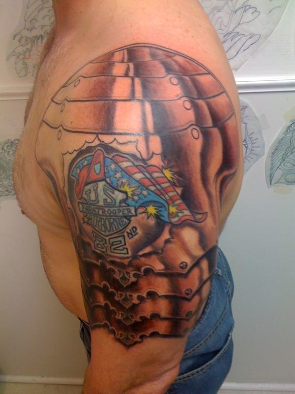 Colorful Armour Shoulder Tattoo Design