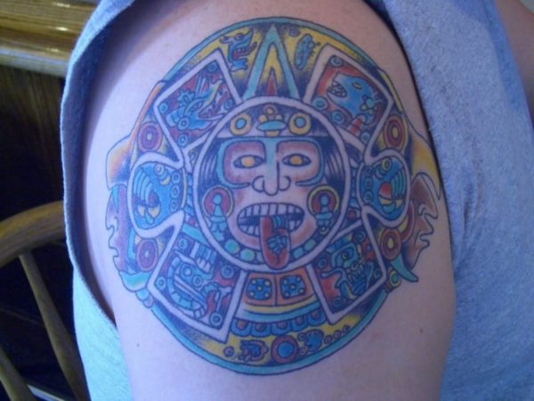 Colorful Aztec Tattoo On Right Shoulder