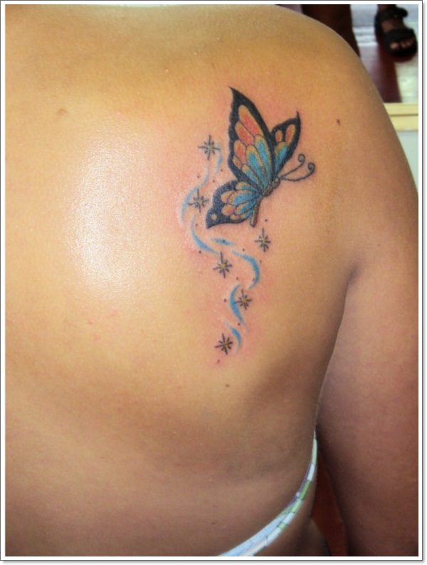 Colorful Butterfly Tattoo On Shoulder Back
