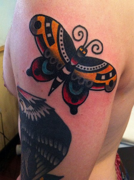 Colorful Butterfly Tattoo On Shoulder