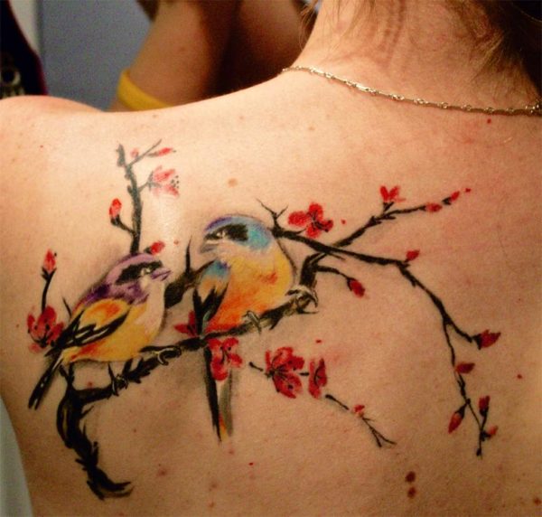 Colorful Cherry Blossom Flower And Bird Tattoo