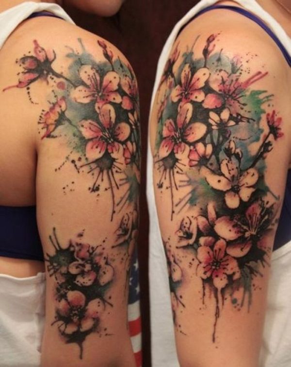 Colorful Cherry Blossom Flower Tattoo