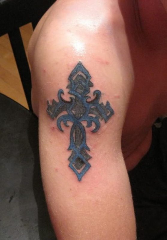 Colorful Cross Shoulder Tattoo Design