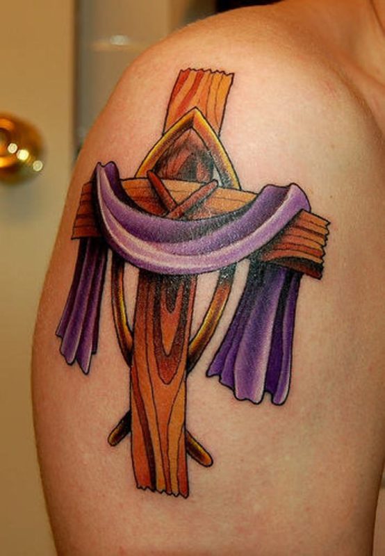 Colorful Cross Tattoo On Right Shoulder