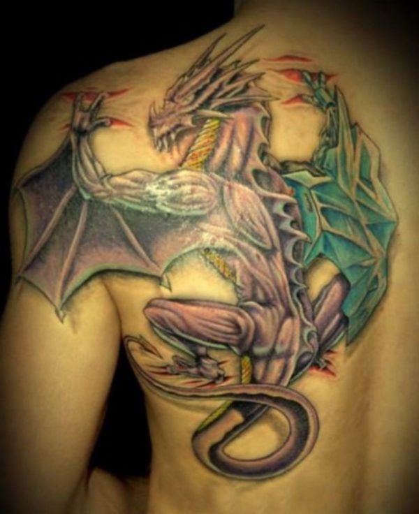 Colorful Dragon Tattoo On Shoulder Back