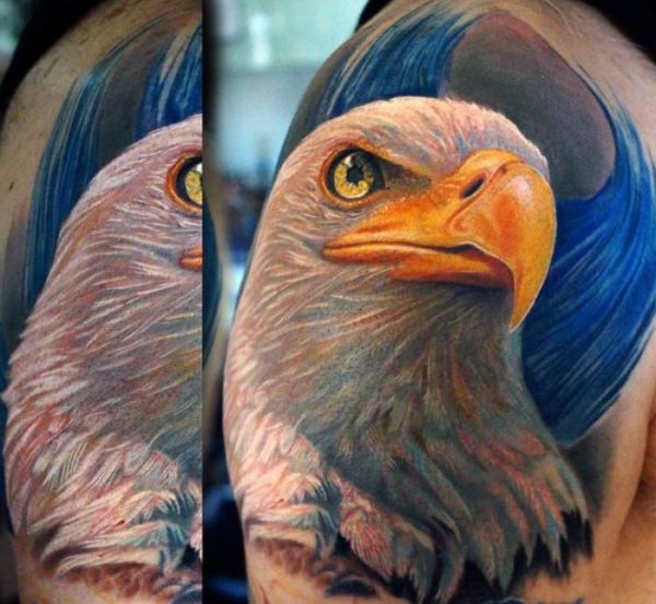 Colorful Eagle Tattoo On Right Shoulder