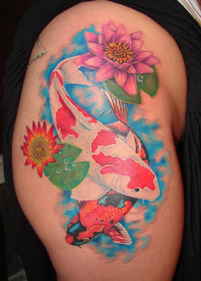 Colorful Fish Tattoo Design On Left Shoulder