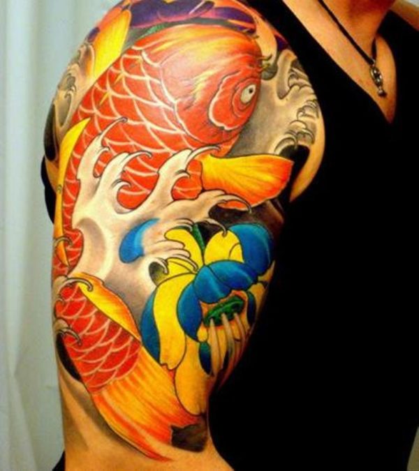 Colorful Fish Tattoo On Right Shoulder