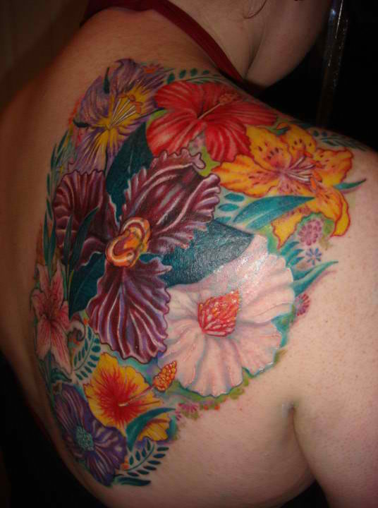 Colorful Flowers Cover Up Shoulder Tattoo-st65029