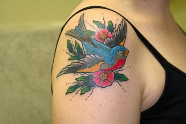 Colorful Hummingbird With Flowers Tattoo On Right Shoulder