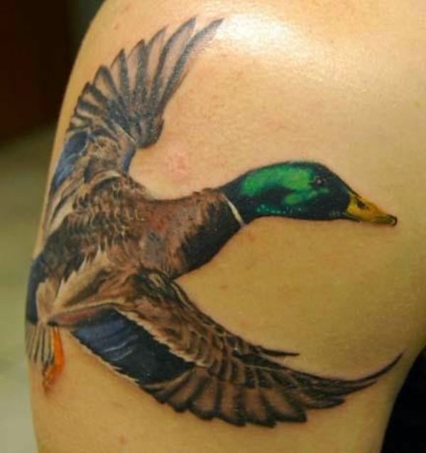 Colorful Hunting Tattoo On Shoulder.
