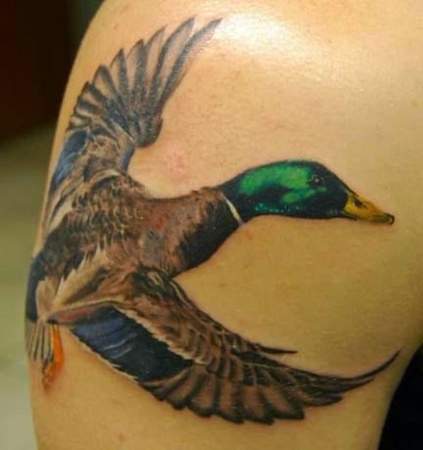 Colorful Hunting Tattoo On Shoulder