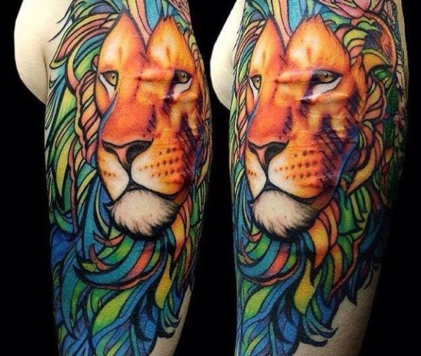 Colorful Lion Face Shoulder Cover Up Tattoo-st65032