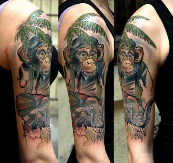 Colorful Monkey And Elephant Tattoo